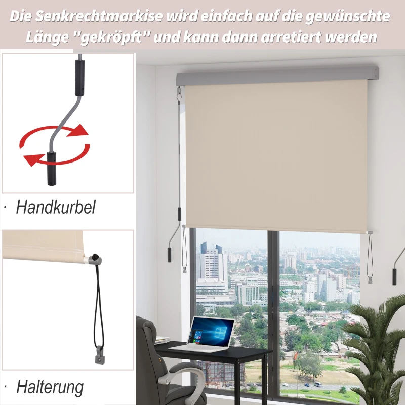 Outsunny Senkrechtmarkise Balkonmarkise Vertikalmarkise Windschutz Seitenrollo Sichtschutz mit Handkurbel Polyesterstoff+Aluminium Cremeweiß 140 x 100 cm