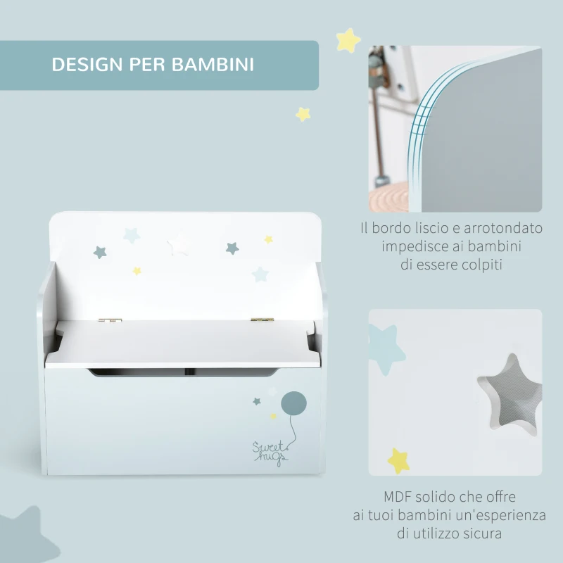 HOMCOM Panca Contenitore con Schienale in Legno per Bambini da 3-6 Anni, 60x30x50 cm, Azzurro