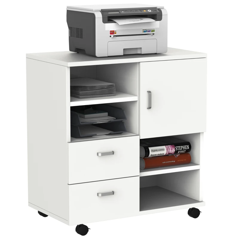 HOMCOM Aktenschrank, Druckerständer, Rollwagen mit 2 Schubladen+1 Schrank, Spanlatte, Weiß, 60 x 65 x 35 cm