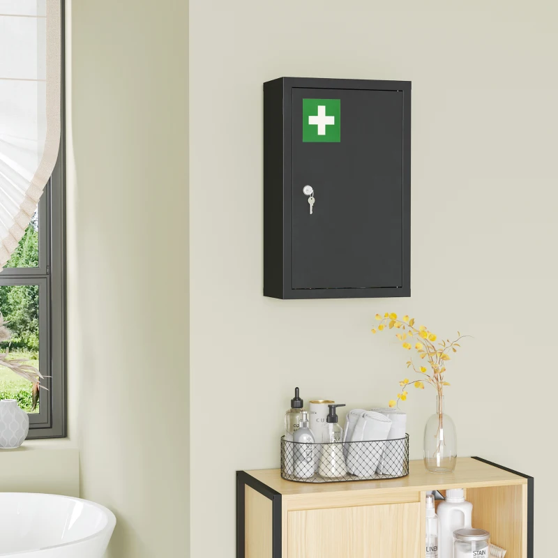 kleankin Armadietto Medicinali con 3 Mensole e Blocco con Chiavi in Acciaio, 30x14x46cm, Nero