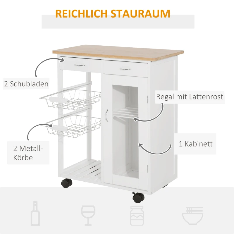 HOMCOM Küchenwagen, Servierwagen mit Tischplatte, Rollwagen, Beistellwagen mit Schubladen und Metallkörben, Küchentrolley, Küchenrollwagen, Holz, Weiß, 70 x 37 x 85 cm