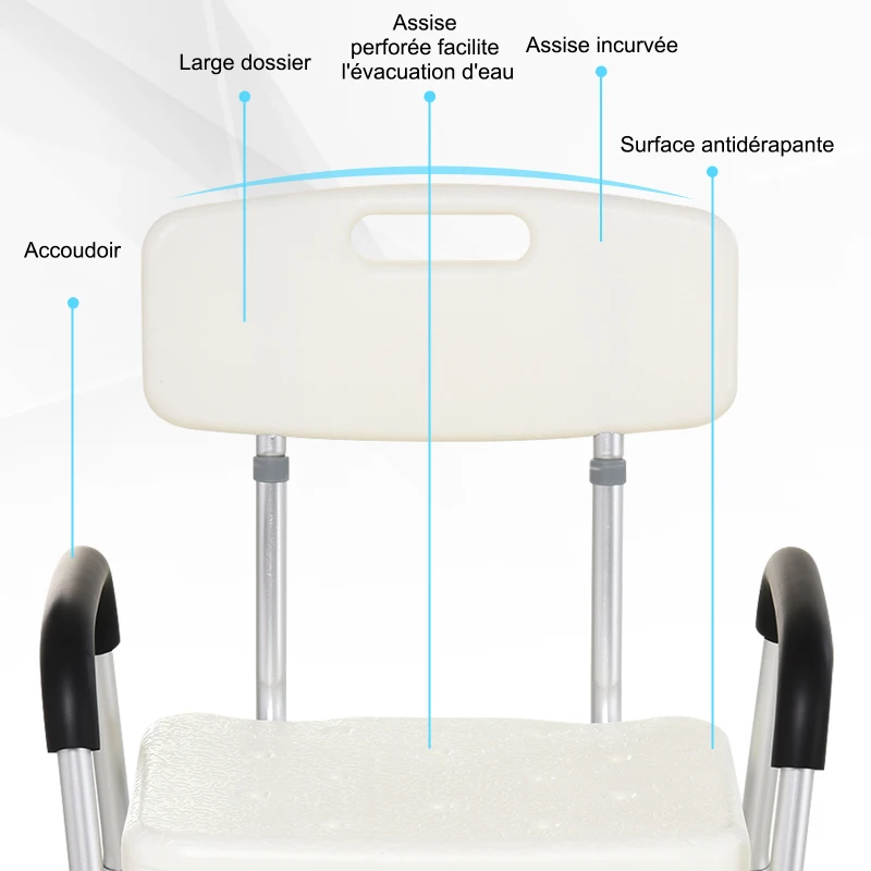 HOMCOM Chaise de Douche siège de Douche Ergonomique Hauteur réglable Pieds antidérapants Dossier accoudoirs Amovibles Charge Max. 136 Kg alu HDPE Blanc