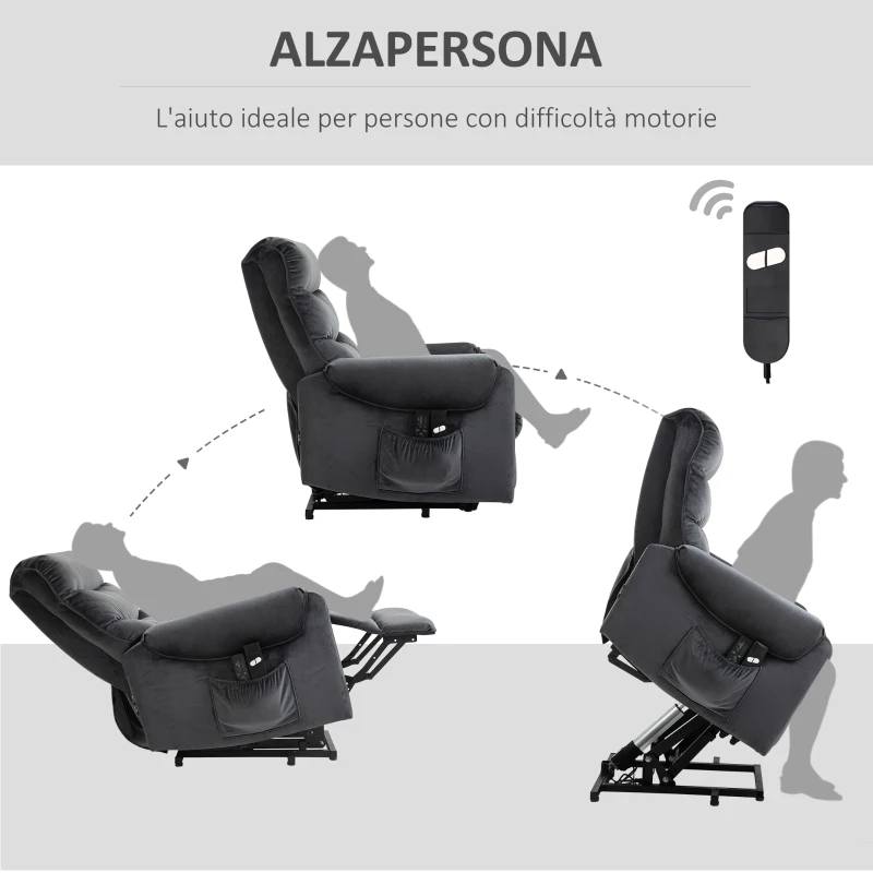 HOMCOM Poltrona Relax Reclinabile a 135°, Massaggiante e Alzapersona con Telecomando, 79x97x103cm, Grigio