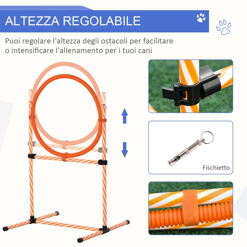 PawHut Set Agility Dog per Addestramento Cani con Slalom, Ostacoli Regolabili, Fischietto e Sacca di Trasporto