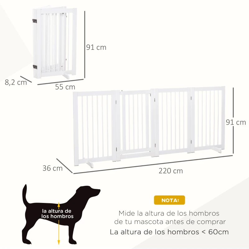 PawHut Barrera de Seguridad para Perros Plegable de 4 Paneles Barrera de Seguridad para Escalera Pasillo 220x36x91 cm Blanco