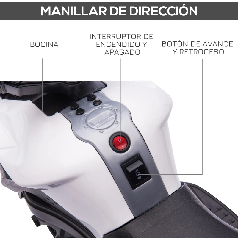 HOMCOM Moto Eléctrica para Niños de 18-48 Meses 6V con Faros Bocina 2 Ruedas de Equilibrio 88,5x42,5x49 cm Blanco y Negro