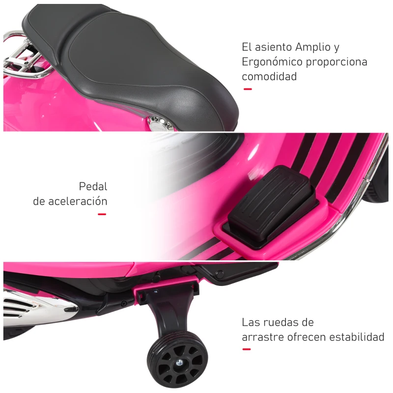 HOMCOM Moto de Batería Autorizada de VESPA con Faros Música 2 Ruedas Auxiliares 108x49x75 cm Rosa(m-8)
