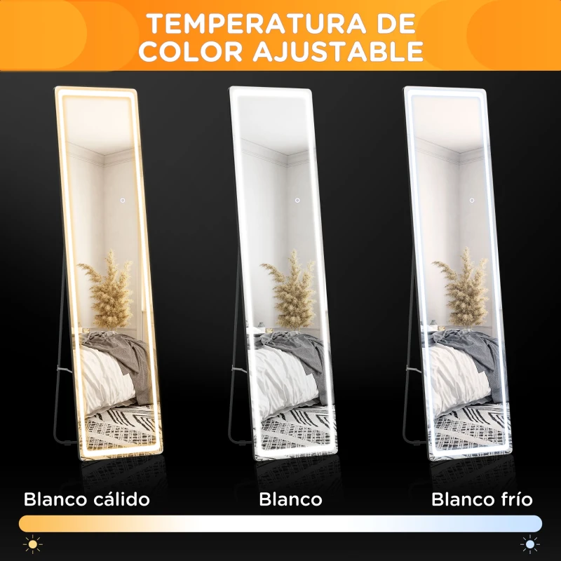 HOMCOM Espejo de Pie de Pared y Suelo con Luz LED y Mando a Distancia con Brillo Ajustable 40x37x157,5 cm Plata y Negro
