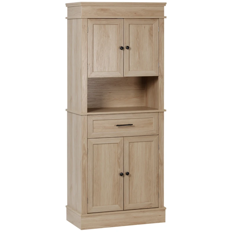 HOMCOM Alacena de Cocina con 4 Puertas 1 Cajón y Estante Abierto Mueble Auxiliar para Microondas 74x39,5x183 cm Roble(m-10)