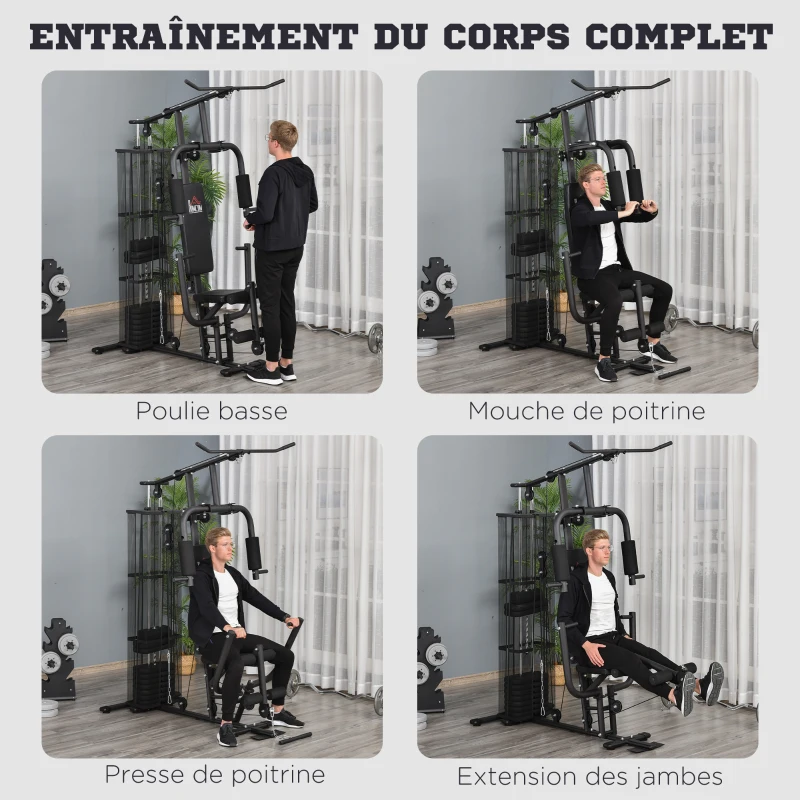 HOMCOM Station de musculation entrainement complet développé couché butterfly barre latissimus curler bande résistance 10 contrepoids 45 kg avec filet de protection acier noir(m-4)