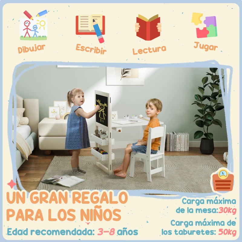 AIYAPLAY Mesa Infantil con Silla y Caballete Plegable Mesa para Niños de +3 Años con Estantes y Rollo de Papel Blanco