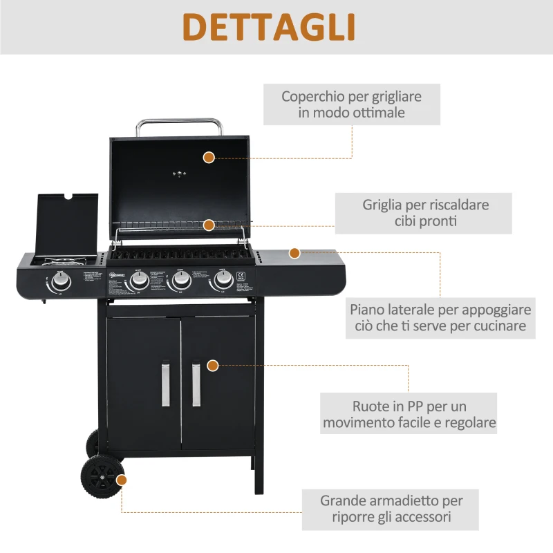 Outsunny Barbecue a Gas con Coperchio, 4 Bruciatori da 11.6kW, Fornello, Mensola e 2 Ruote, 110x50x100cm Nero