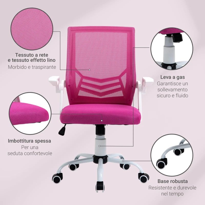 Vinsetto Sedia da Ufficio Ergonomica con Supporto Lombare, Braccioli Pieghevoli, Sedia da Scrivania Girevole in Rete Traspirante con Schienale Reclinabile e Altezza Regolabile, Capacità 120kg, Rosa
