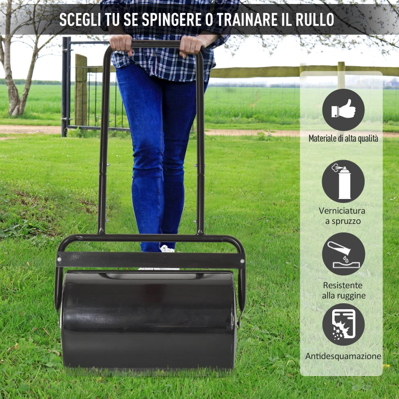 Outsunny Rullo da Giardino Φ32x50cm in Metallo Impermeabile Nero, Serbatoio Fino 38 Litri (Acqua o Sabbia)