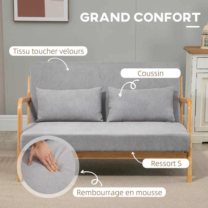 HOMCOM Canapés 2 places design contemporain en tissu aspect velours pieds bois massif 122 x 71 x 76 cm gris