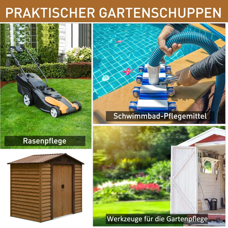 Outsunny Gartenschuppen Geräteschuppen Gerätehaus Gartenhaus mit Fenster, Schiebetüren, wetterfest Gartenhütte mit Holzoptik Stahl Braun 152 x 235,7 x 208,7 cm