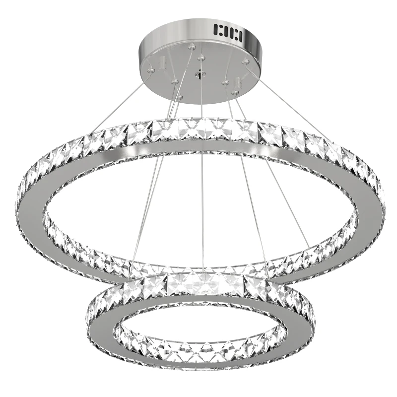HOMCOM Modern LED Chandelier with 2 Crystal Rings, Dimmable Pendent Ceiling Light Cool Warm White with Adjustable Cable Remote Controller for Living Room, Dining Room, Bedroom, Silver