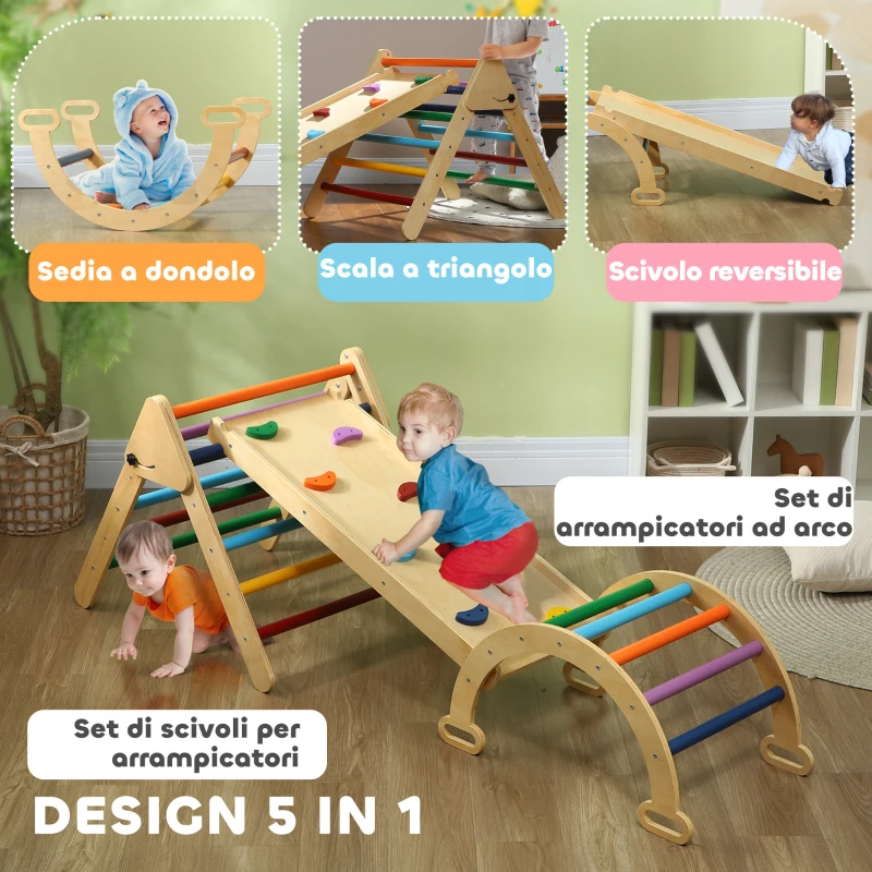 AIYAPLAY Gioco Arrampicata Bambini con Triangolo e Arco Montessori e Rampa con Pietre in Legno di Pino, 178x64.5x63 cm