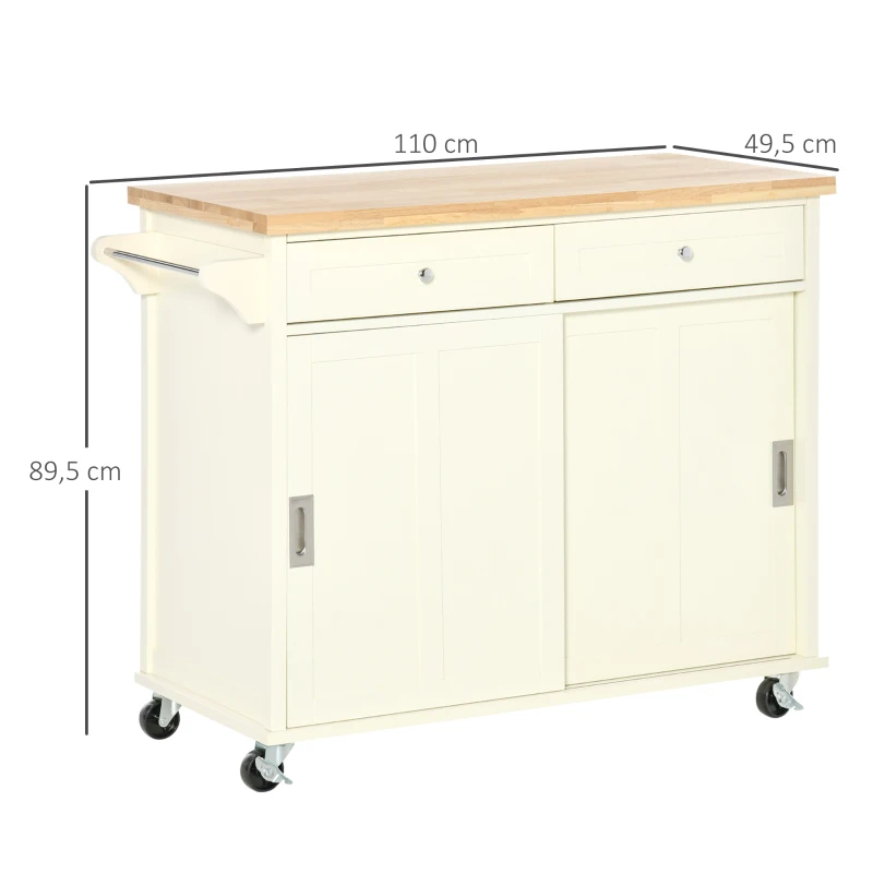 HOMCOM Desserte îlot de cuisine - 2 tiroirs, 2 placards portes coulissantes avec étagères - dim. 110L x 49l x 89H cm - MDF écru plateau bois caoutchouc