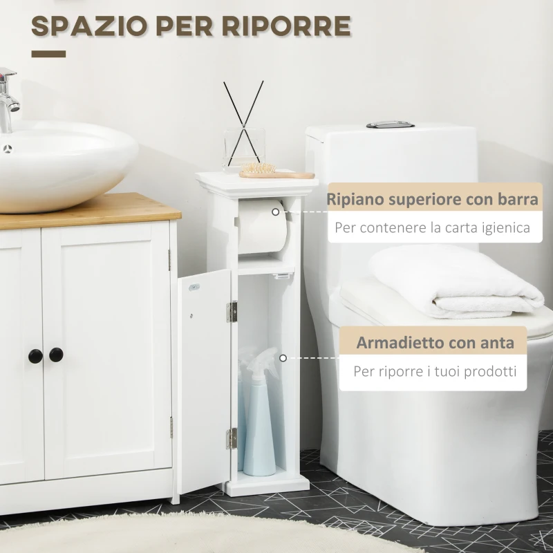 kleankin Mobile Bagno con Porta Carta Igienica e Armadietto in Legno MDF, 21.5x17.8x66.5cm, Bianco