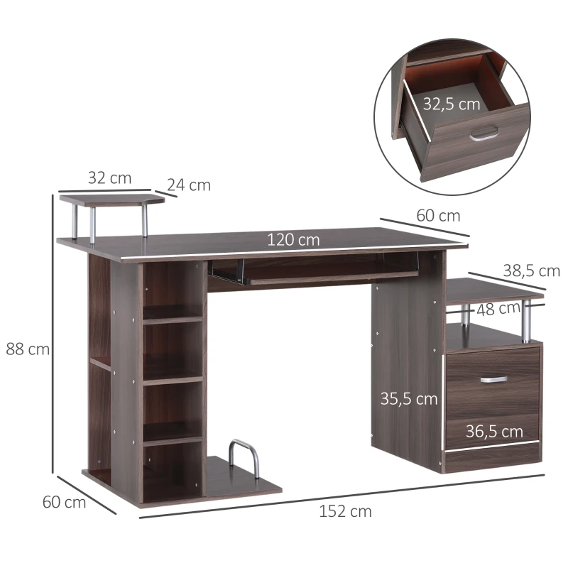 HOMCOM Mesa de Ordenador 120 cm Mesa de Escritorio con Múltiples Estantes Cajón Bandeja de Teclado 152x60x88 cm Marrón
