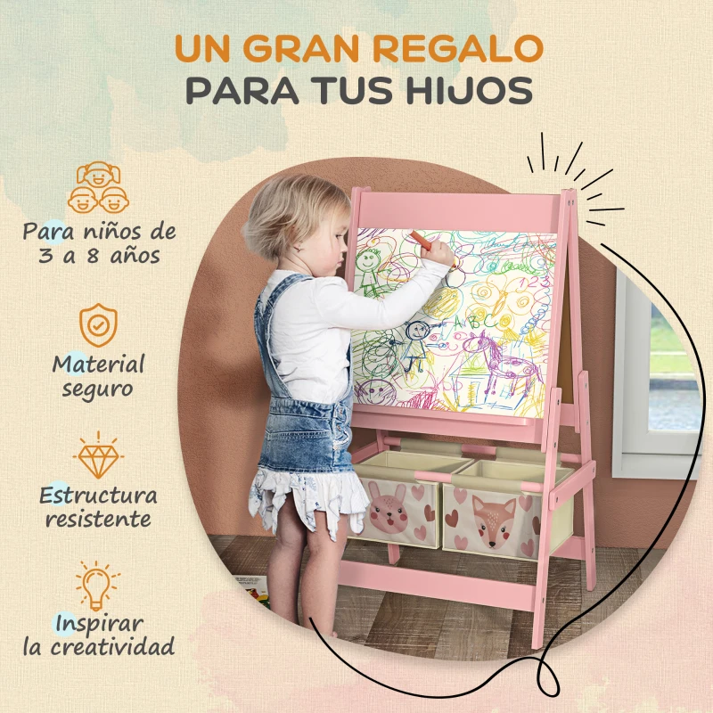 AIYAPLAY Caballete Infantil 3 en 1 Caballete para Niños de Doble Cara con Rollo de Papel Pizarras y 2 Cestas 54x46,5x93 cm Rosa