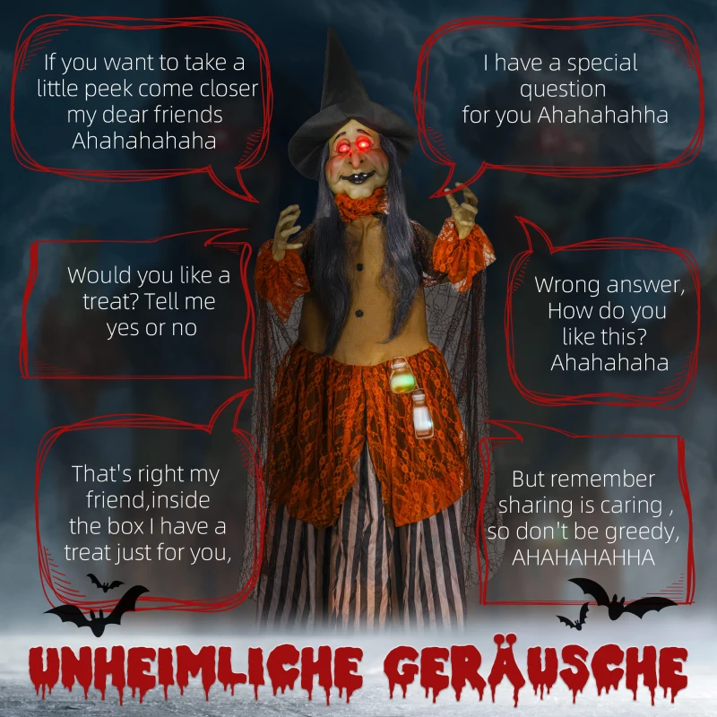 HOMCOM Hexe mit Zaubertrank, Helloweendeko, gruselige Laute, rote Augen, beweglich, 183 cm(m-4)