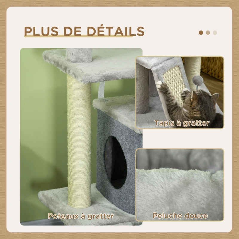 PawHut Arbre à chat arbre à grimper pour chat multi-équipements griffoirs 4 plate-formes 1 niche 1 panier hauteur 146 cm gris