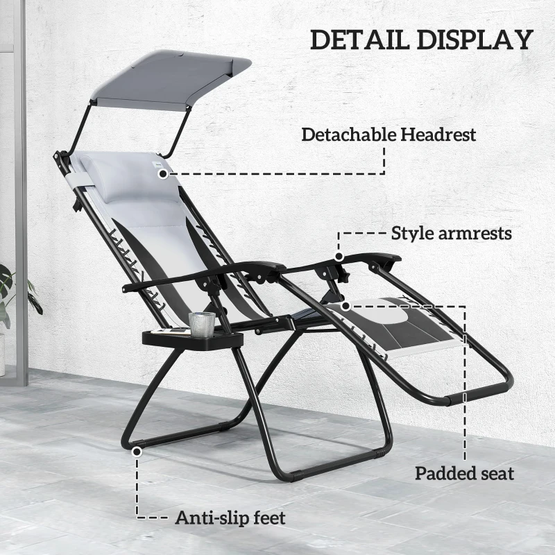 Outsunny Zero Gravity Lounger Chair Set of 2, Folding Reclining Patio Chair with Shade Cover, Padded Seat, Cup Holder, Soft Cushion and Headrest for Poolside, Camping, Light Grey