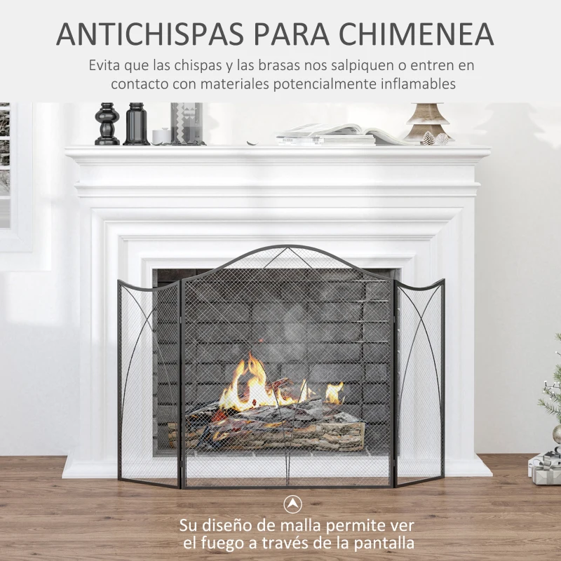 HOMCOM Salvachispas Plegable Pantalla Protectora de Chimenea 3 Paneles con Bisagras y Estructura de Metal Decorativa 108x24x76 cm Negro