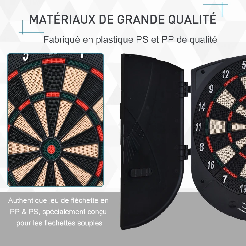 HOMCOM Cible jeu de fléchettes électronique refermable 26 jeux jusqu'à 8 joueurs affichage LCD haut-parleur noir