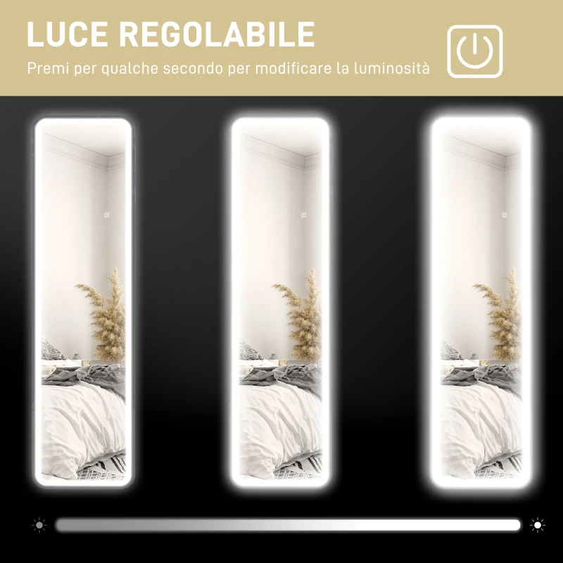 HOMCOM Specchio da Parete Touch con Illuminazione LED Regolabile, in Vetro Temperato e Metallo, 40x3x120 cm, Nero