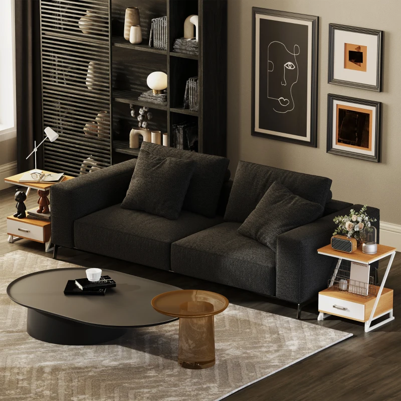 HOMCOM Juego de 2 Mesitas Auxiliares en Forma de Z con Cajón y Compartimento Mesita Auxiliar para Salón 40x35x50 cm Natural