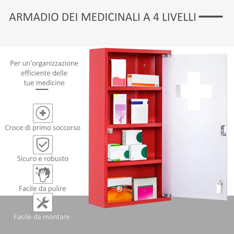 HOMCOM Cassetta Porta Medicine Armadietto Medicinali 4 Livelli Porta in Vetro 60×30×12cm Rosso