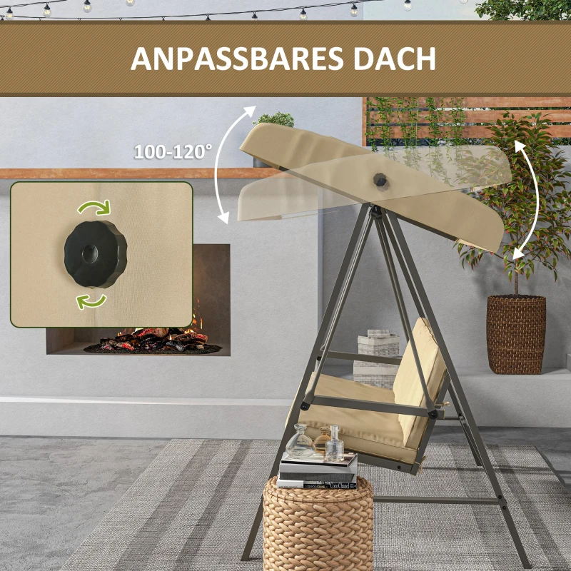 Outsunny Hollywoodschaukel Gartenschaukel Schaukelbank, verstellbares Sonnendach, 200 cm x 125 cm x 175 cm, Beige + Braun