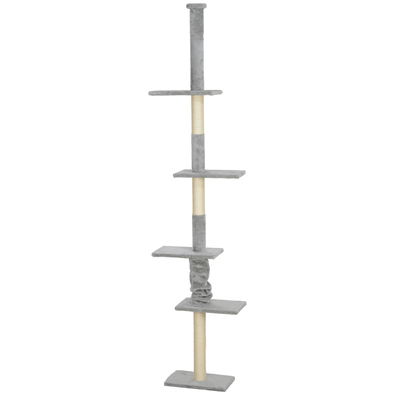 PawHut Árbol para Gatos de Suelo a Techo 225-275 cm Torre para Gatos con Múltiples Plataformas Sistema de Antivuelco Gris Claro