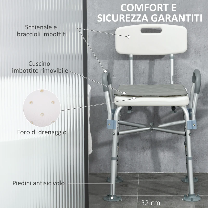 HOMCOM Sedia Doccia ad Altezza Regolabile con Braccioli e Cuscino Rimovibile 53.5x52x80-90 cm, Bianca