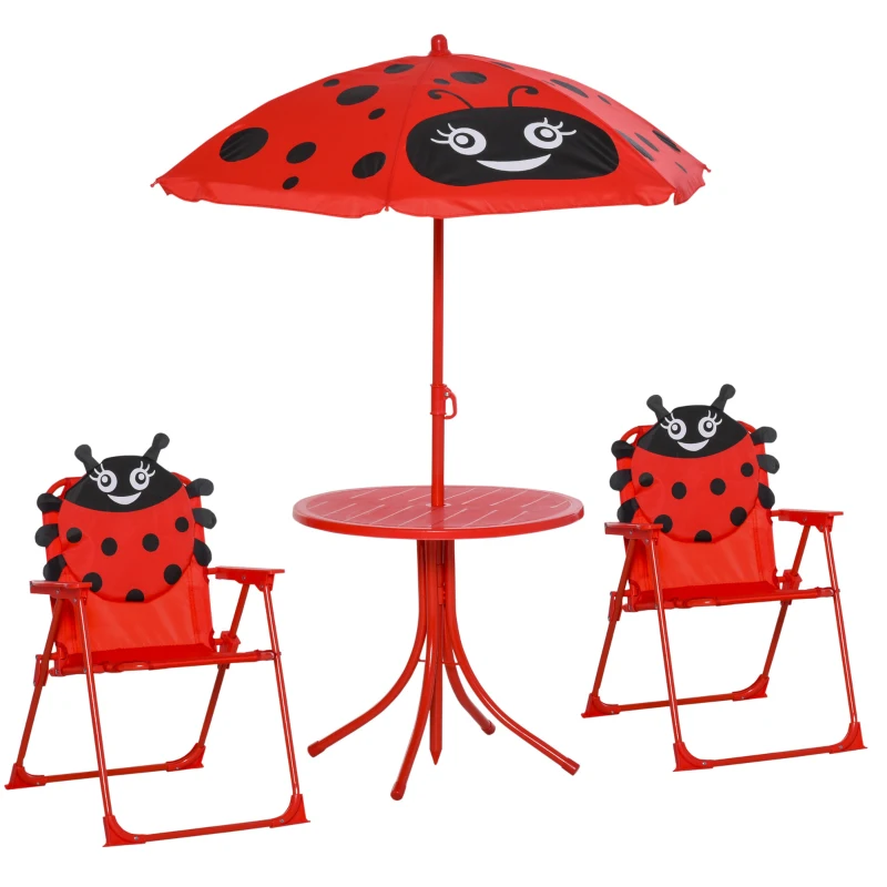 Outsunny Ensemble Salon de Jardin Enfant 4 pcs Design Coccinelle - Table Ronde + 2 chaises Pliables + Parasol - métal époxy Oxford Rouge