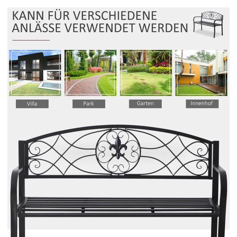Outsunny 2-Sitzer Sitzbank Gartenbank mit Armlehnen Metallbank Bank Landhausstil Metall Schwarz 129 x 50 x 91 cm