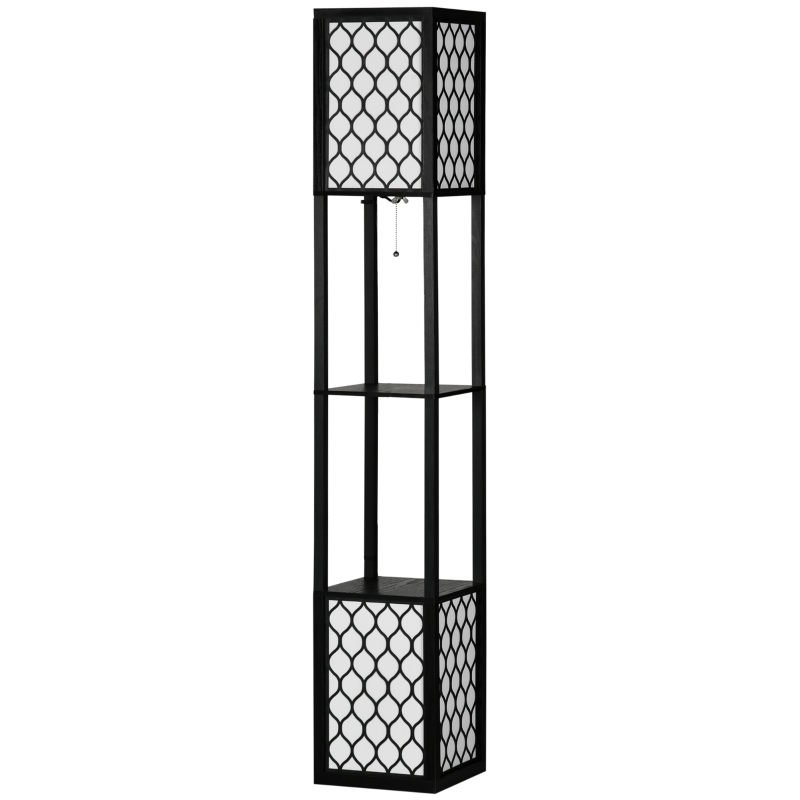 HOMCOM Lámpara de Pie de Madera con Estantes e Interruptor de Cadena para Salón Dormitorio 26x26x156 cm Negro y Blanco