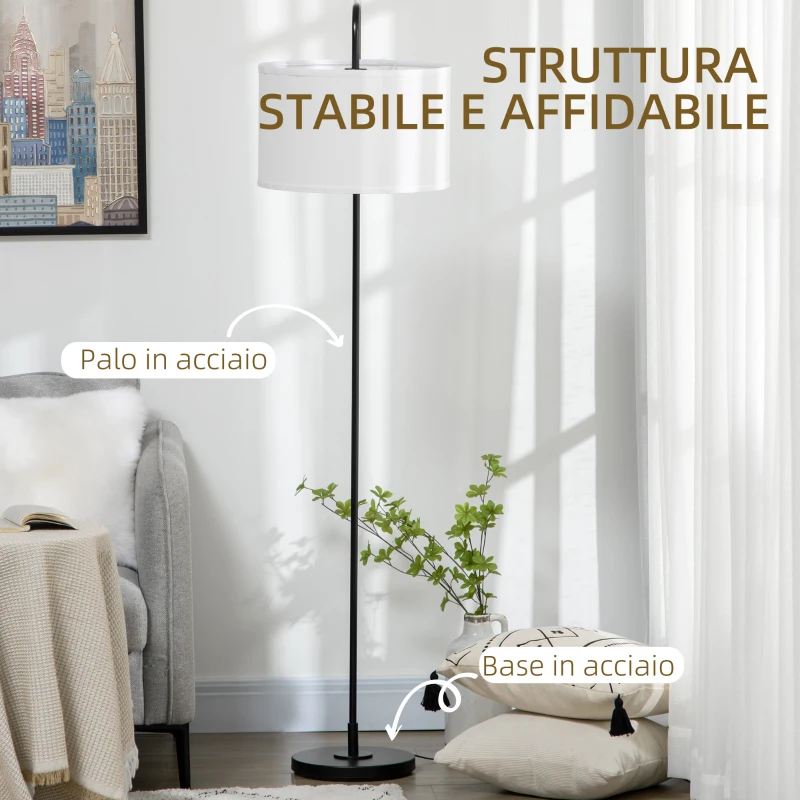 HOMCOM Lampada da Terra Moderna in Acciaio con Paralume in Tessuto Effetto Lino, 64x38x163.5 cm, Bianca e Nera