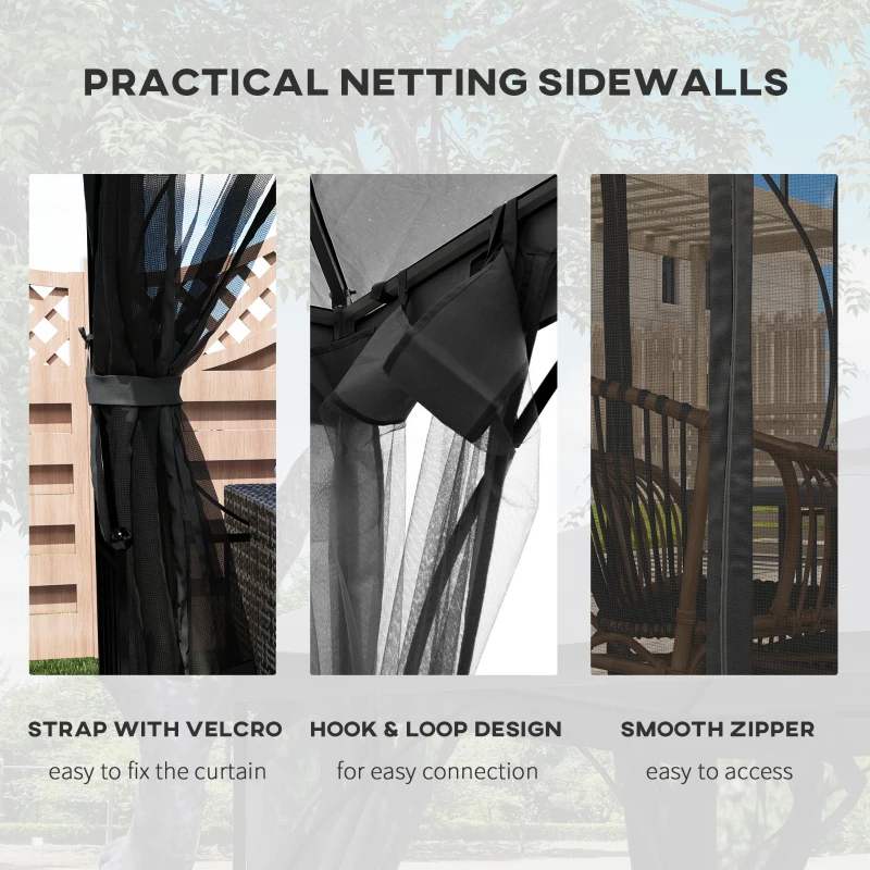 Outsunny 3 x 3m Garden Gazebo Patio Party Tent Shelter Outdoor Canopy Double Tier Sun Shade with Metal Frame and Netting, Dark Grey