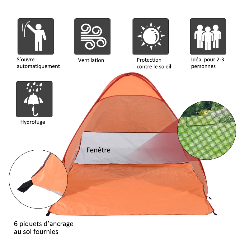 Outsunny Abri de plage tente de plage pliable pop-up automatique instantané protection UV fenêtre arrière grand tapis de sol orange