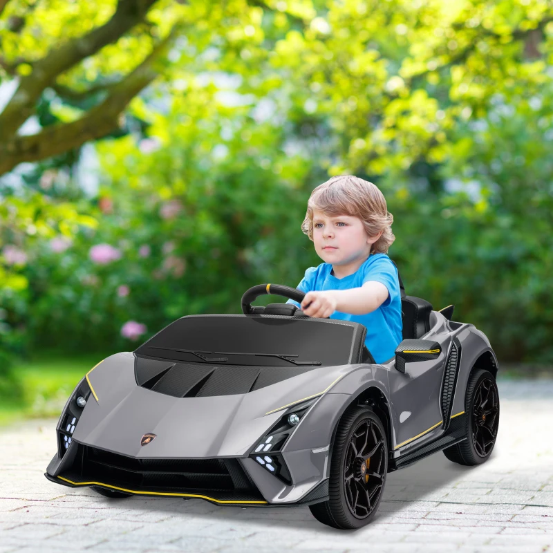 AIYAPLAY Coche Eléctrico para Niños Lamborghini Autentica con Batería 12V Mando a Distancia Faros Bocina Arranque Suave y Música MP3 Gris