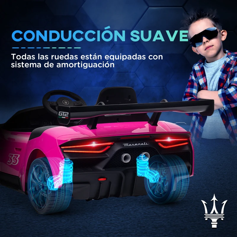 AIYAPLAY Coche Eléctrico para Niños de +3 Años Maserati GT2 con Mando a Distancia Faros LED Bocina Música Ruedas Auxiliares Rosa