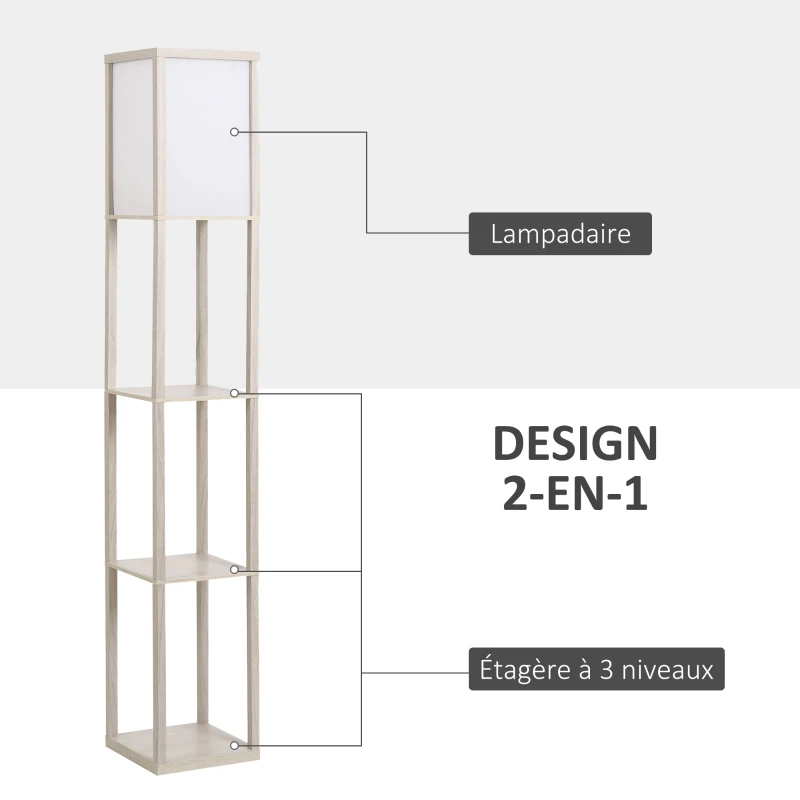 HOMCOM Lampadaire étagère 26L x 26l x 160H cm 3 étagères 4 Niveaux MDF Gris clair
