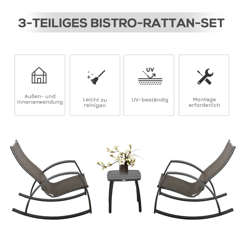 Outsunny Rattan-Schaukelstuhl Bistroset 3 teilige 2 Stühle 1 Tisch Aluminium Komfort UV-Beständig für Gärten Terrassen Pools patio