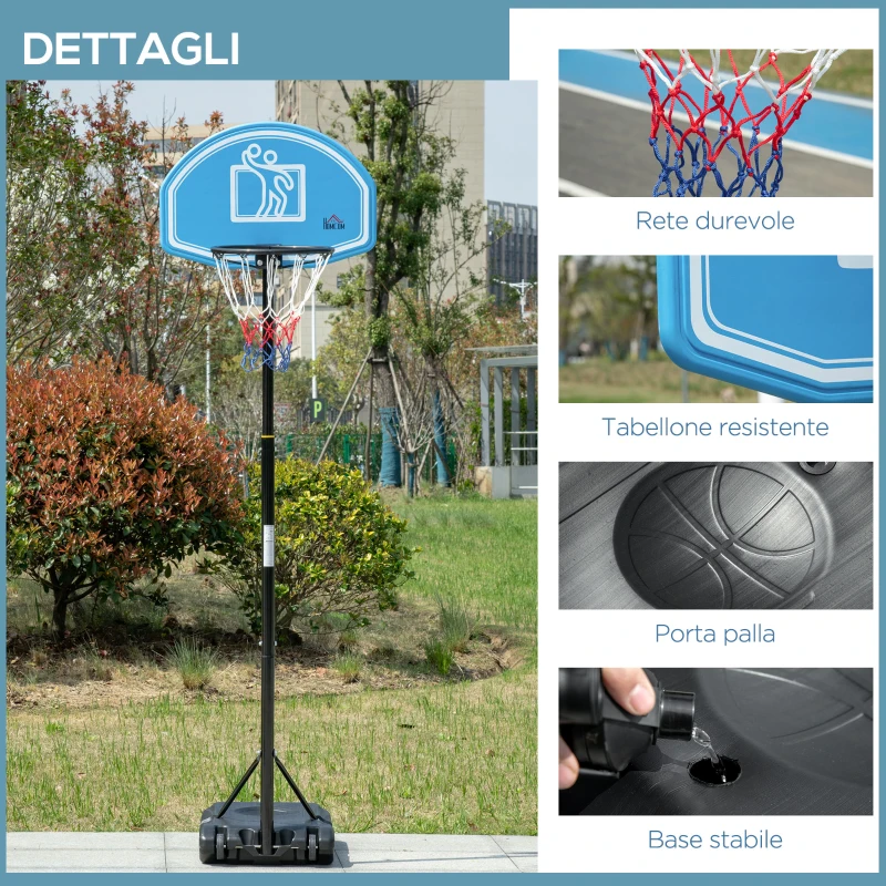 HOMCOM Canestro Basket con Altezza Regolabile 197.5-245cm, Base con Ruote e Tabellone, Blu