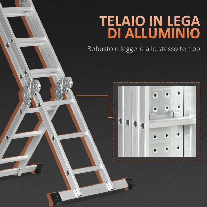 DURHAND Scala Telescopica a 5 Posizioni con 2 Piattaforme di Sicurezza, in Alluminio, PP e TPR, 339x76x10 cm, Argento