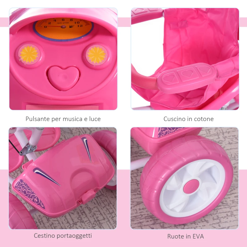 HOMCOM Triciclo per Bambini da 18-72 Mesi con Suoni e Luci, Triciclo con Maniglione e Tettuccio Rimovibile a Forma di Moto, Rosa